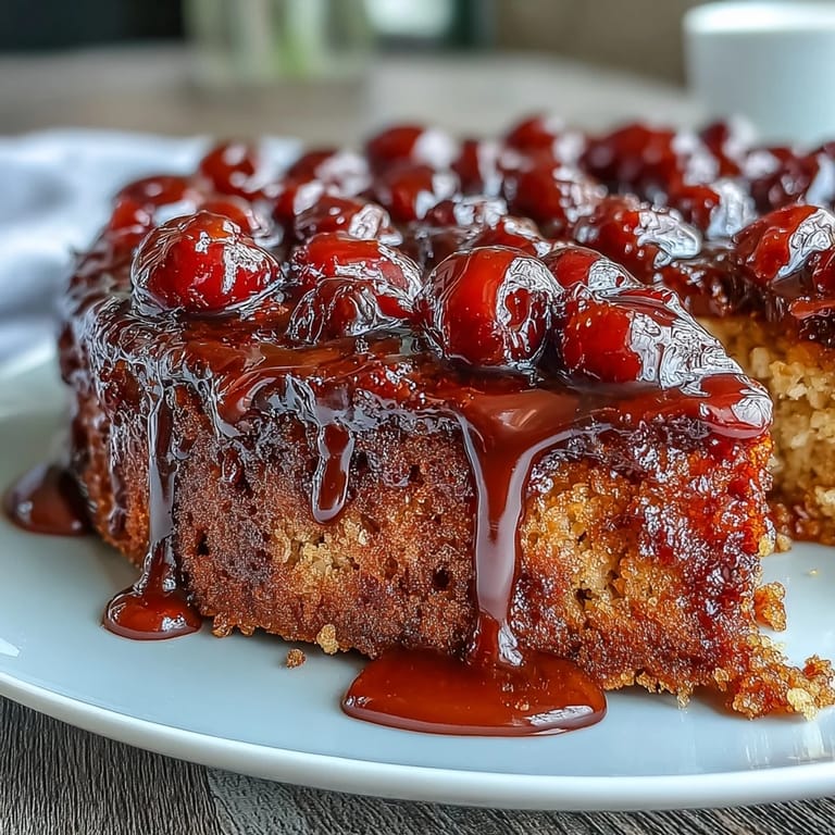 Delightful Cherry Almond Upside-Down Cake featuring ripe cherries, rich almond flavor, and a golden, buttery topping.