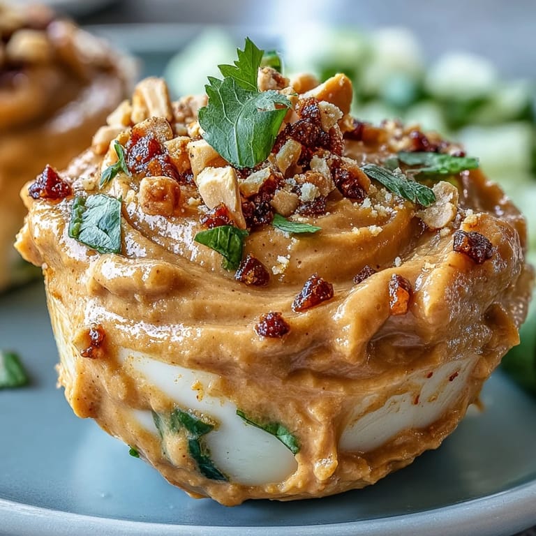Spicy Thai-inspired deviled eggs filled with peanut butter and sriracha, garnished with fresh cucumber relish and cilantro for a refreshing bite.