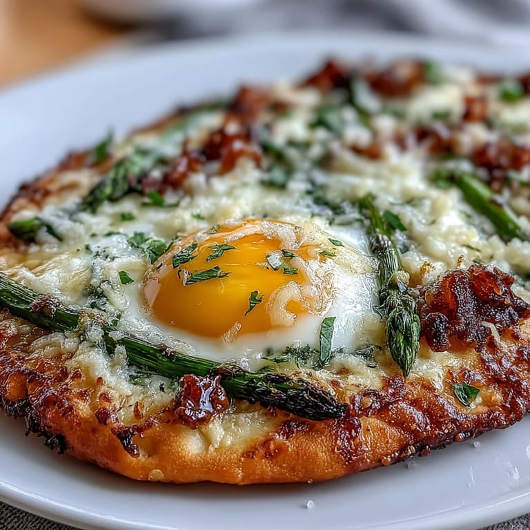 Golden-baked flatbread topped with tender asparagus, runny egg, and melted parmesan for a satisfying vegetarian meal.  
