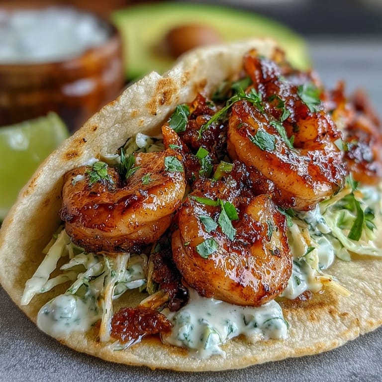 2. Juicy honey garlic shrimp piled high in soft tortillas, topped with vibrant red cabbage slaw, fresh cilantro, and creamy avocado slices.  