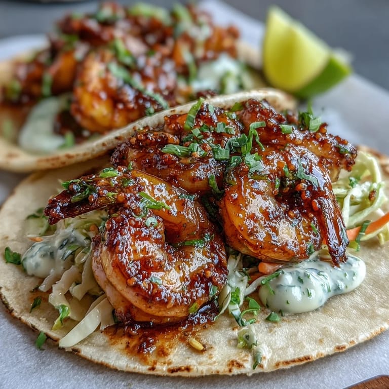 3. Sweet and savory honey garlic shrimp tacos featuring tender glazed shrimp, crisp cabbage-carrot slaw, and a tangy lime crema for a burst of flavor.