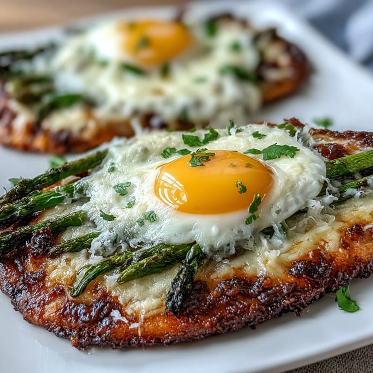 Elegant asparagus and egg flatbread, crisp edges and creamy yolk, garnished with chives and red pepper flakes.