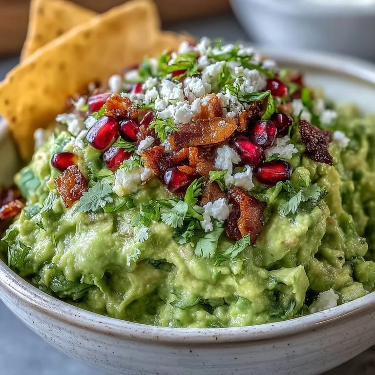 Festive guacamole bar featuring classic dip with tempting toppings for dipping chips.