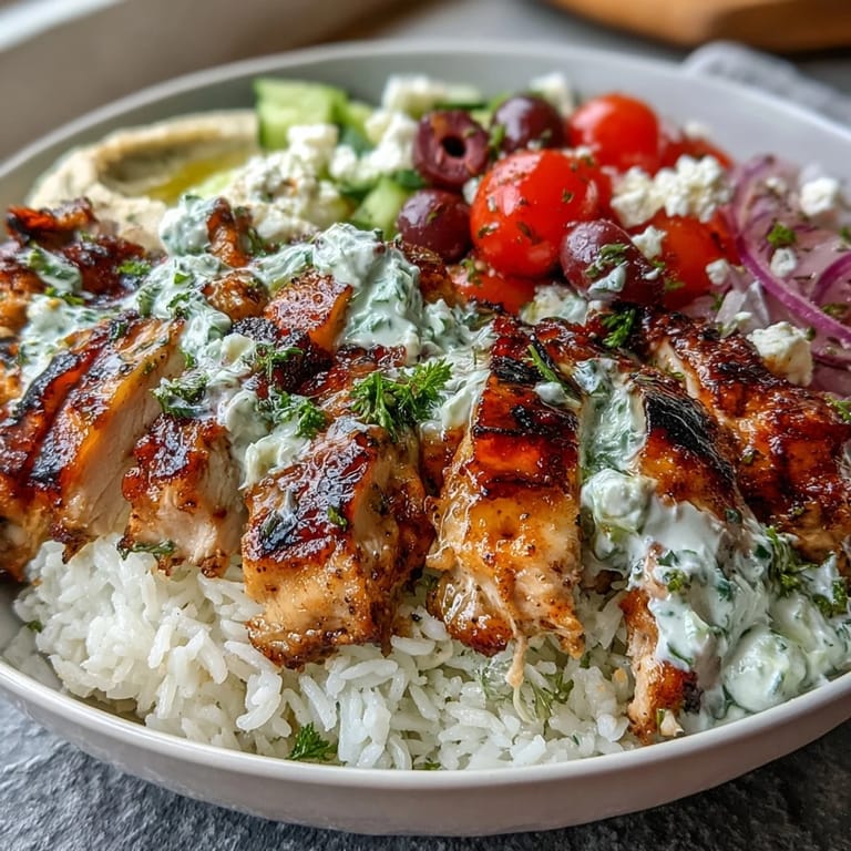Tasteful Greek chicken bowls with creamy tzatziki, hummus, and colorful veggies.