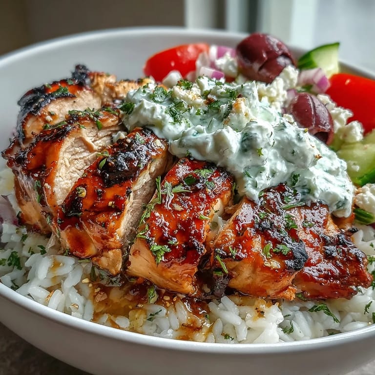 Juicy Greek chicken bowls featuring rice, olives, and a refreshing herbal finish.