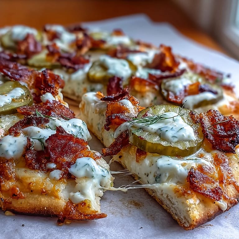 Golden-brown Pickle Pizza Flatbread, a quick, cheesy treat generously drizzled with garlic ranch sauce.