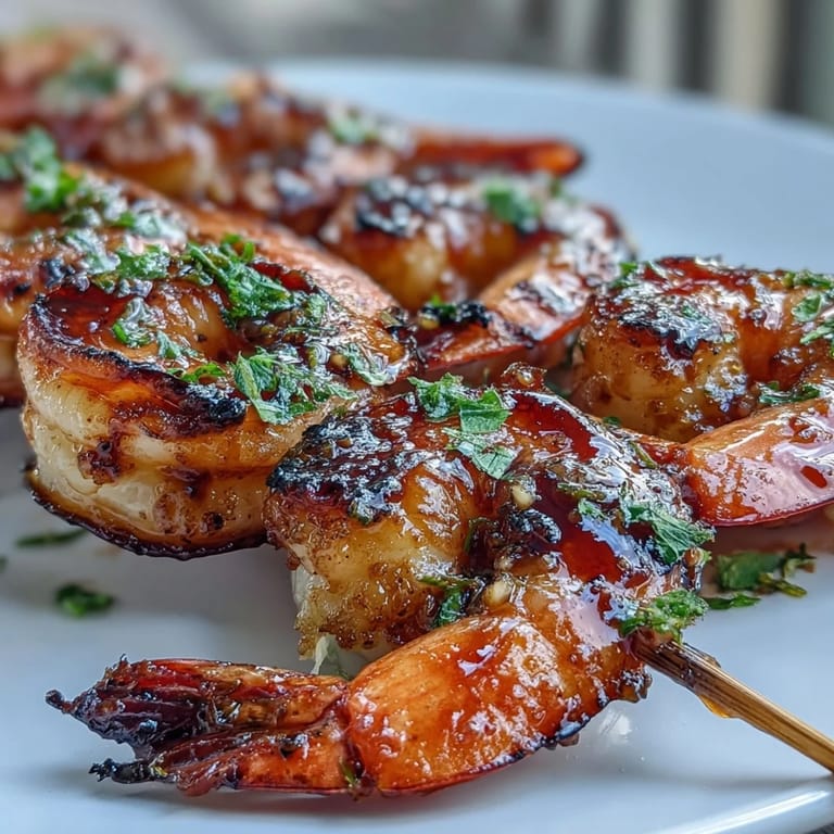 Golden-brown grilled honey garlic shrimp skewers with fresh parsley garnish, bursting with flavor.