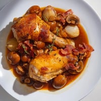 Coq au Vin: A hearty stew with tender chicken, red wine sauce, and pearl onions, ready to be served.