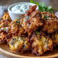 Golden, crispy Cauliflower Bhajis served with a creamy mint yogurt dip on a small plate.