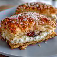 Golden-baked guava and cream cheese pastelitos with flaky pastry layers and vibrant pink filling.