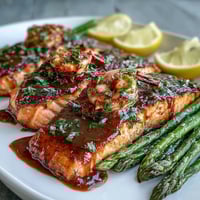 A golden salmon fillet rests atop a bed of roasted asparagus, glistening with rich garlic butter sauce.