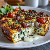Fluffy One-Pan Ham and Cheese Frittata with golden edges, loaded with diced ham, melty cheddar, and fresh spinach.