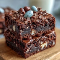 Decadent Cadbury Egg chocolate brownies with rich fudgy texture and a crunchy crumbled chocolate topping.