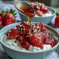 A bowl of creamy Greek yogurt topped with vibrant homemade strawberry compote, crunchy nuts, and a drizzle of honey for a refreshing breakfast.