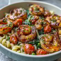 One-Pot Garlic Shrimp with Angel Hair pasta in a vibrant lemon-garlic sauce with fresh spring vegetables.