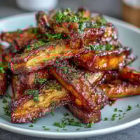 Honey roasted carrots and parsnips with golden caramelized edges and fresh thyme garnish, served on a rustic white plate.  