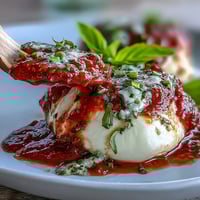 Fresh Caprese skewers with pesto drizzle, showcasing juicy tomatoes, creamy mozzarella, and fragrant basil on elegant wooden picks.