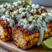 Grilled Corn Elote Style, smoky and sweet, topped with creamy sauce, crumbled cheese, and chili powder for authentic Mexican flavor.