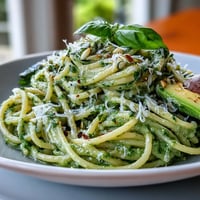 Creamy avocado pesto pasta with fresh basil, Parmesan, and pine nuts, served in a white bowl with lemon zest and basil leaves.  