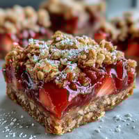 Strawberry rhubarb crumble bars with juicy fruit filling and buttery oat topping, perfect for spring dessert.