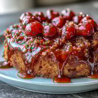 A golden Cherry Almond Upside-Down Cake with juicy cherries and caramelized topping, perfect for dessert or teatime.  