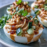Thai Peanut Deviled Eggs with Cucumber Relish: creamy, spicy eggs topped with crunchy cucumber relish and crushed peanuts for a vibrant appetizer.