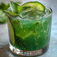 A vibrant green detox cucumber mint agua fresca served over ice with fresh cucumber slices and mint sprigs.