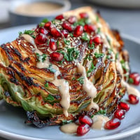 Smoky grilled cabbage wedges drizzled with creamy tahini sauce and topped with fresh parsley and pomegranate seeds.