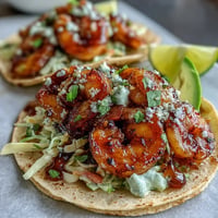 1. Honey garlic shrimp tacos with caramelized shrimp in a sweet and savory glaze, served on warm tortillas with crunchy cabbage slaw and zesty lime crema.  