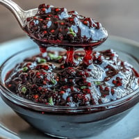Glossy blackberry jalapeño BBQ sauce glistening in a jar, ready for grilling.